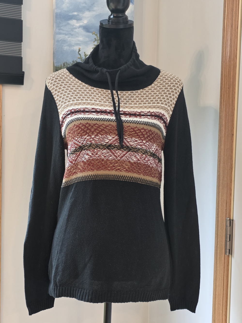 Royal Robbins-Black Cowl-Neck Sweater with Striped Fair Isle Panel, Women's Med